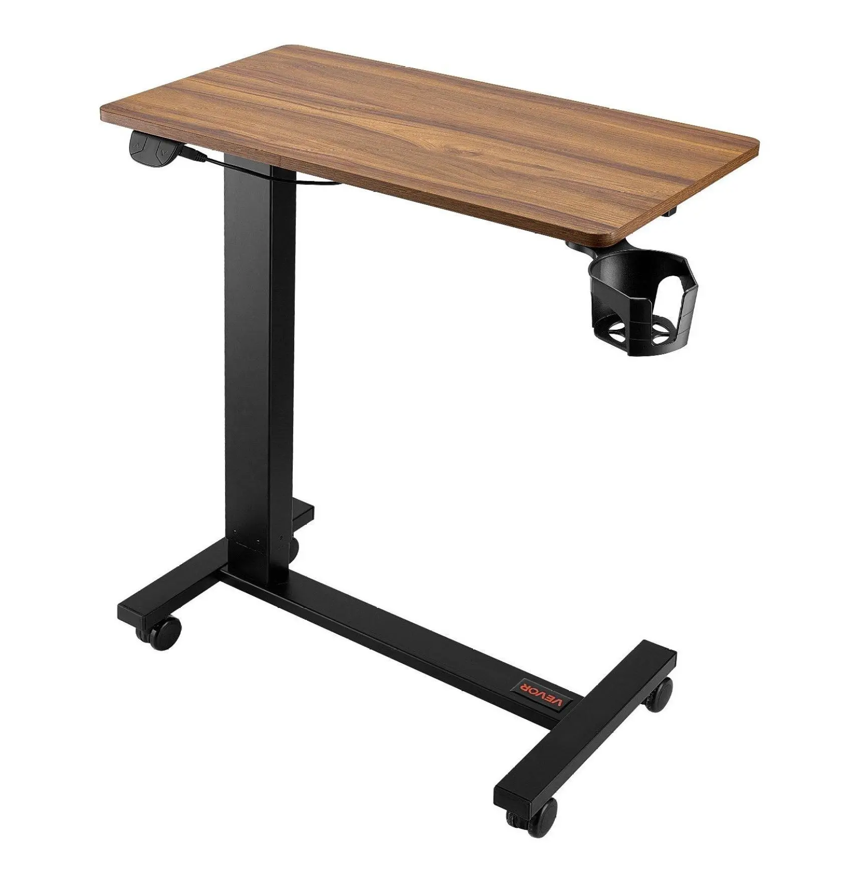 VEVOR Overbed Table, Mobile Rolling Laptop Desk, Electric Lift, Height Adjustable Bedside Table with Wheels & Cup Holder for Home, Office, Study - Wood & Black Flat Plate Universal Wheels