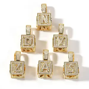 [ICE HUE]18K Gold Vacuum Plated Copper with 5A+ Sri Lanka Zircon Dice Blocks with 26 Letters Pendant with 24MM Necklace Miami Italy Mexico & Micro Inspired for Women & Men Luxury Jewelry,Daily Wear,Casual Fashion,Gift Idea,,Classic,Hip Hop,Simple