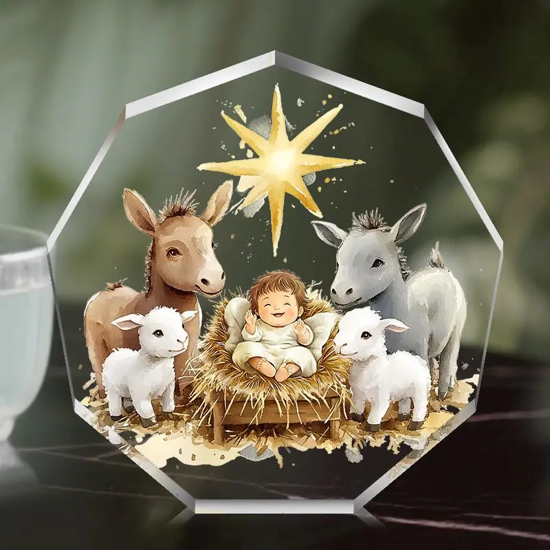 Nativity Scene Acrylic Ornament, 1 Count Charming Desktop Decorative Plaque with Donkey & Sheep Pattern Design, Ideal Christmas Gift
