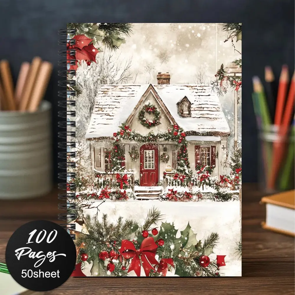1pc Christmas Snow Cabin Journal - Spiral Bound Notebook with Winter Cabin, Red Doors, Holly Berries - Perfect for Planner, Diary, Gift - Ideal for Home, Office, School - Festive Stationery, Winter Decorations for Home, Holiday Gift Item,