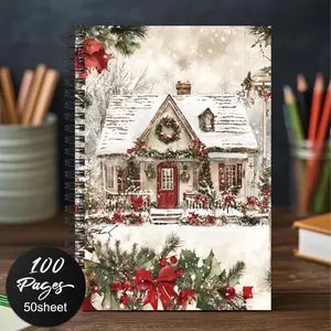 1pc Christmas Snow Cabin Journal - Spiral Bound Notebook with Winter Cabin, Red Doors, Holly Berries - Perfect for Planner, Diary, Gift - Ideal for Home, Office, School - Festive Stationery, Winter Decorations for Home, Holiday Gift Item,