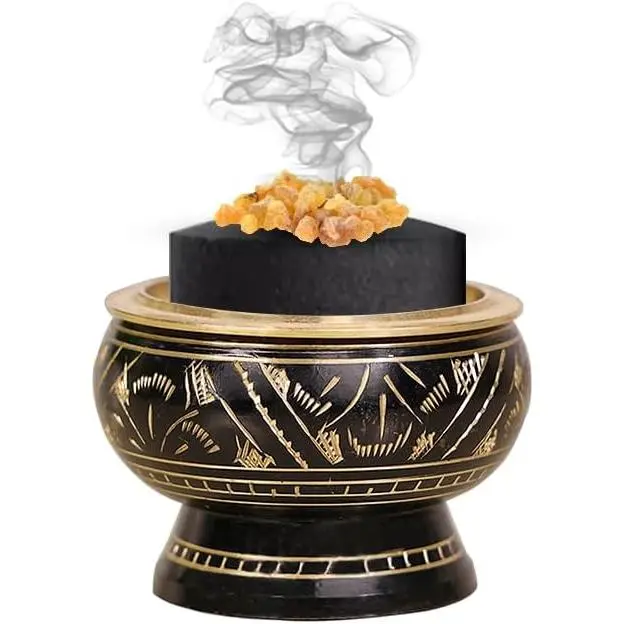 Incense Brass Burner (Black)| Used for Burning Charcoal, Sambrani, Dhoop & Resin| for Office Temple Prayer| Wooden Coasterto Hold| Home Purifying Loban Stand