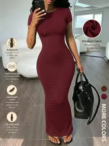 Women's Crew Neck Short Sleeve Maxi Dress, Ladies Sexy Bodycon Slim Fit Long Casual Dress, Premium Stretchy Coffee Brown Gown, Versatile Summer Night Outfits Womenswear