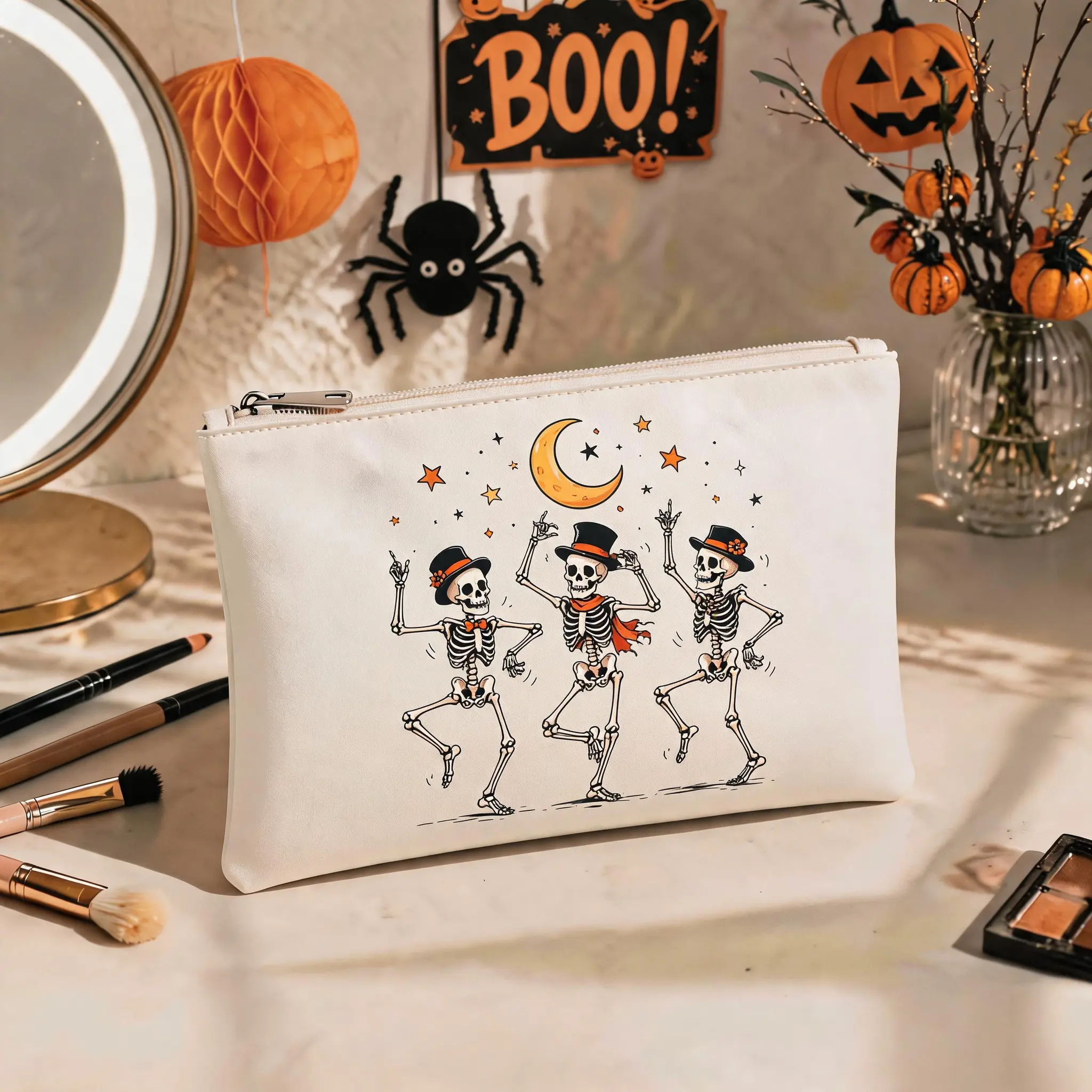 Halloween goth makeup bag cosmetic pouch - fun dancing skeleton print portable travel toiletry organizer for women teen girls goth enthusiasts - perfect for holiday trips office daily use school outings spooky themed gatherings Skull