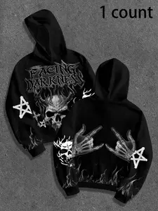 Men's autumn and winter Drawstring Hooded Sweatshirt with a white skull-themed horror design print, rope fasteners, and kangaroo pocket design, perfect for everyday outings, street fashion, Casual, campus and hip-ho