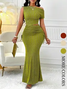 Women's Striped Print Asymmetrical Neck Top & Drawstring Skirt Two-piece Set, Casual Slim Fashion Cozy Top & Skirt for Daily Outdoor Wear, Ladies Clothes for All Seasons, Womenswear, Summer Wear, Striped Knit Sets