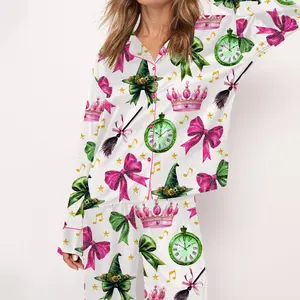 Coquette Wicked Satin Pajama Set For Women Print Comfy Satin Sleepwear & Loungewear Pjs Printing Silky Top & Bottoms - SHESHOW