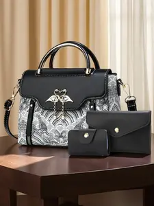 Women's Embroidered Handbag Wallet Set, Luxurious Elegant Style, Fashion Versatile Shoulder Bag Crossbody Small Bags, Three-Piece Ladies' Accessories, Pu Leather Handbag