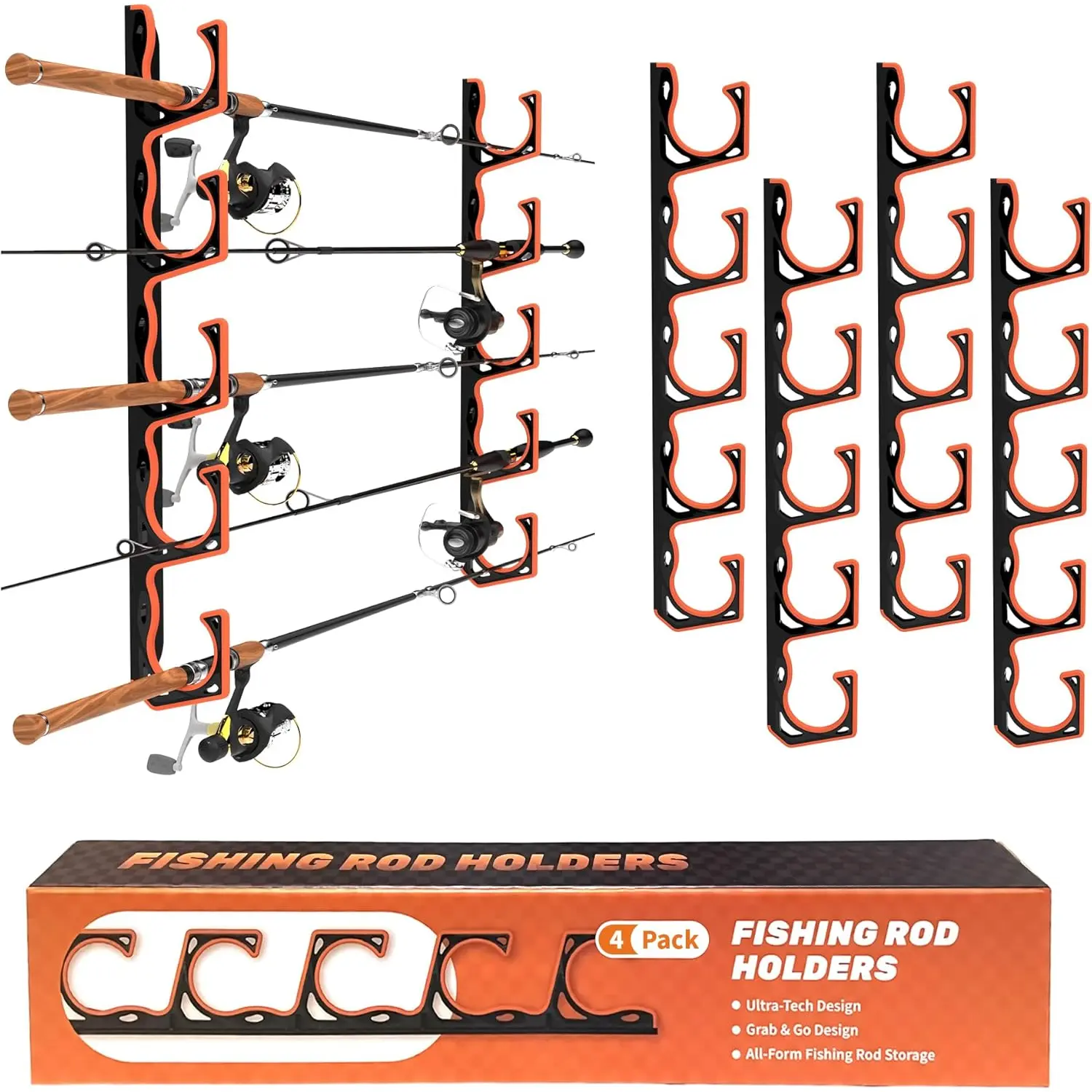 Fishing Rod Holder for Garage, H5 Wall or Ceiling Mounted Fishing Pole Holders with Soft Protective Pad, Fishing Rod Storage Organizer, Horizontal Fishing Rod Wall Mount Nets Storage (4 PACK)