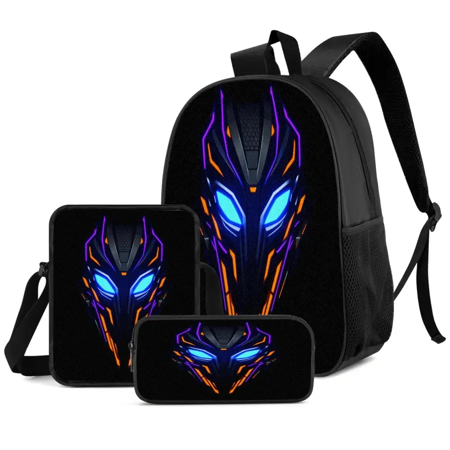 12-13 Years Futuristic Neon Black Panther 3-in-1 Backpack Set, 600D Oxford Cloth Durable School Bag with Lunch Box & Pencil Case, Adjustable Breathable Straps, 15in Laptop Fit for Kids' First Day & Travel