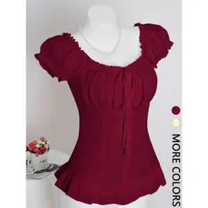 Women's Square Neck Bubble Sleeve Ruched Button Front Shirt, Casual Fitted Top with Pleated Hem, Plain Design, No Collar