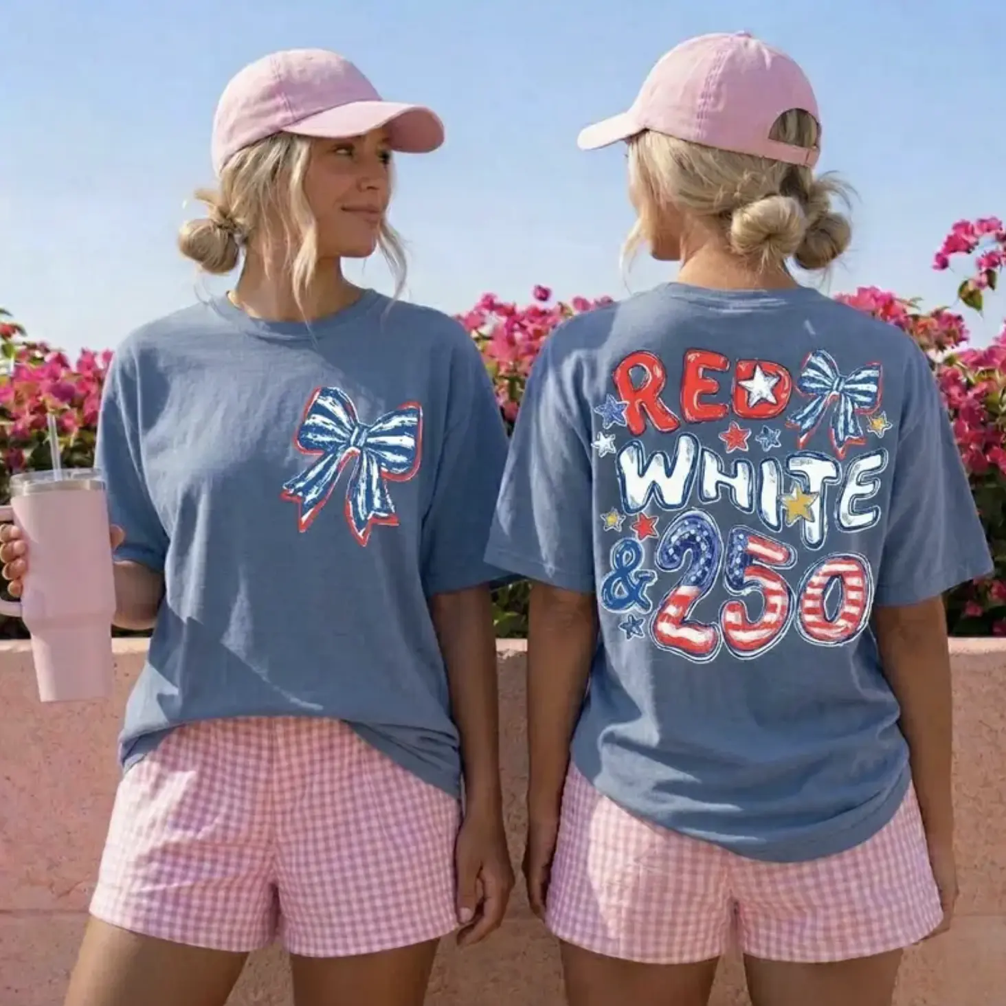 Red White & 250 Comfort Colors Shirt, America 250th Anniversary Shirt, Patriotic Bow Front And Back Print Tee, 4th Of July Outfit For Her, Full Colors, Full Sizes