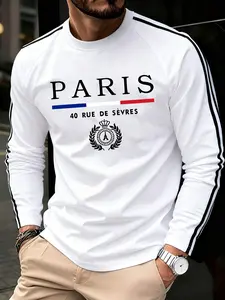 Men's Long Sleeve Graphic Tee, Paris Print Round Neck Striped Sweatshirt, Street Style Streetwear Loose Fit Casual Top for All Seasons