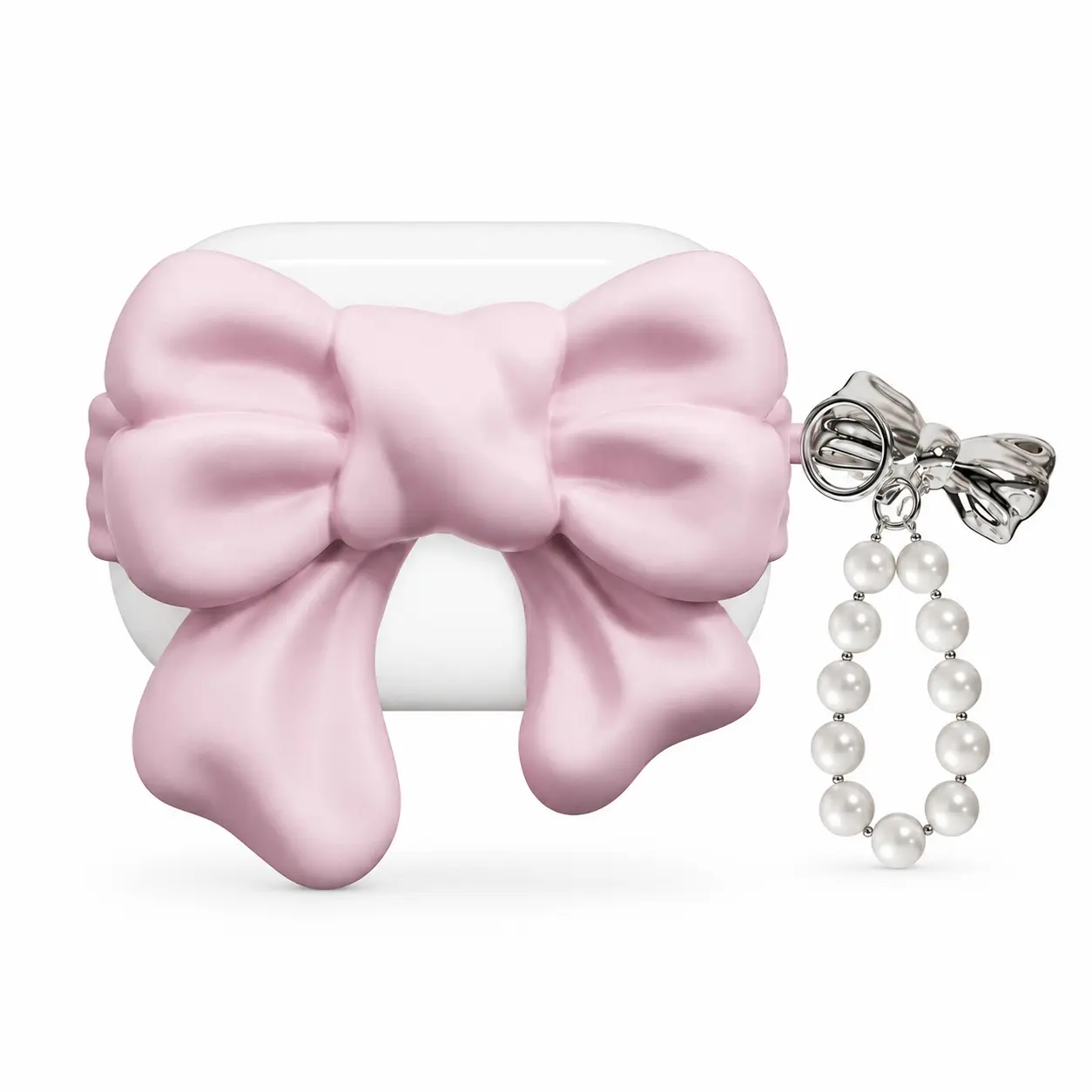 Pink Bow AirPods Case with Pearl Beaded Charm, Cute Coquette Aesthetic Protective Earbuds Cover, Kawaii Ribbon Design, Girly Headphone Case with Decorative Keychain, Sweet Feminine Fashion Accessory for Women and Girls