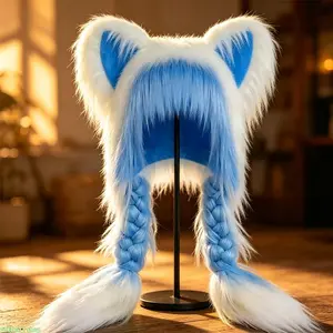 Gradient Color Plush Cat Ear Braid Wig Cap, Long Double Thick Braids Anime Cosplay Headwear, Cute Furry Kitty Hat For Carnival Costume Party Lolita Styling Comic Con And Daily Cos Dress Up