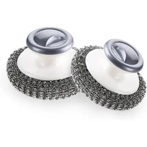 2Pcs Stainless Steel Scrubber with Handle, Steel Wool Scrubber Tool for Cleaning Dishes, Scrubbing Scouring Brush Pad for Kitchen Pots, Pans, Sink