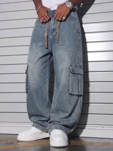 Men's Black Washed Cargo Wide Leg Jeans, Elastic Waist Drawstring Denim Pants, Baggy Loose Fit Streetwear Trousers with Side Pockets