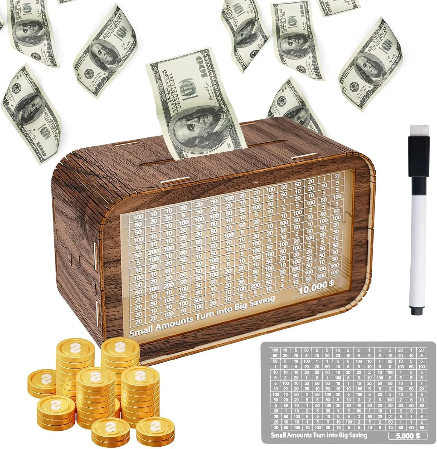 Money Saving Box 10000, 2-in-1 Piggy Bank for Adults Kids Wooden Cash Saving Box 10,000/5000, 10k Savings Challenge Box Money Bank with Counter for Cash Coin Best Gift