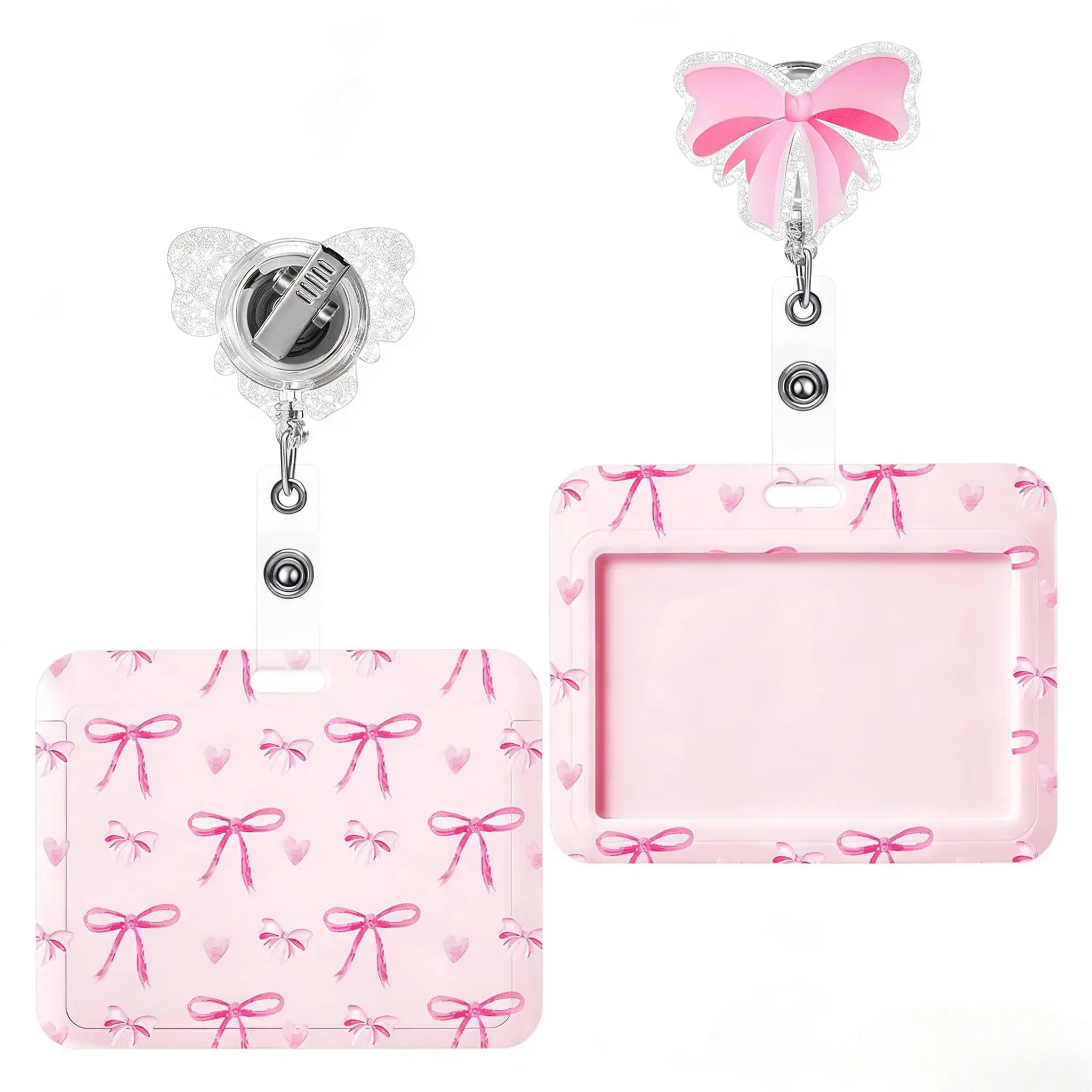 Pink Bow Coquette Badge Holder & Retractable Reel for Nurses Doctors Teachers Office Staff - 4.7x3.6 Inches Horizontal ID Holder with Alligator Clip & Clear Window