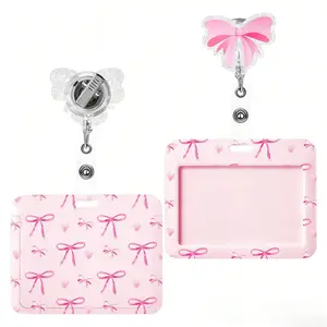 Pink Bow Coquette Badge Holder & Retractable Reel for Nurses Doctors Teachers Office Staff - 4.7x3.6 Inches Horizontal ID Holder with Alligator Clip & Clear Window