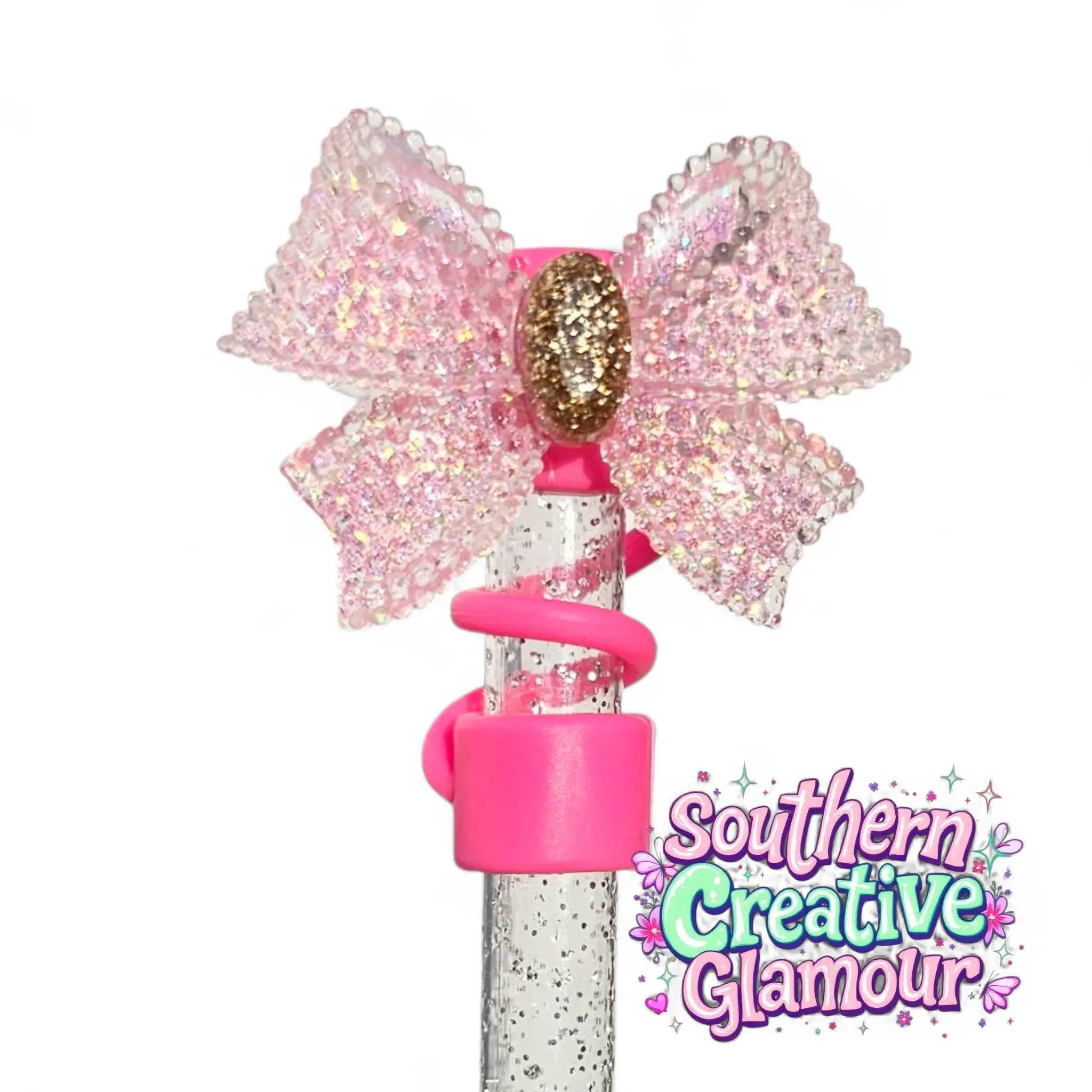 Glitter Ribbon Bow 10mm Straw Topper - Hot Pink