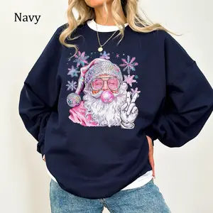 Santa Christmas Blowing Bubble Sweatshirt, Retro Christmas Santa Graphics Crewneck, Christmas Gifts Sweatshirts, Daily Casual Cotton Womenswear