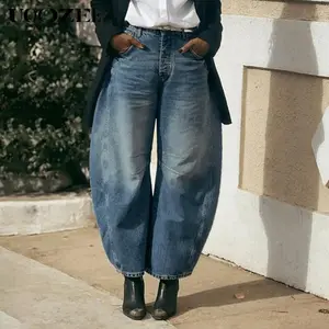 UOOZEE New Harem Pants Pleated Split Thick Basic Jeans Bottoms, Daily Casual Loose Versatile Pockets Petite Jeans Baggy Jeans Denim Womenswear (Waist Runs Big- Check Size Guide or Order Smaller)