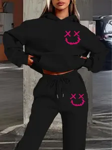 Women's Hooded Sweatpants Set, Fall & Winter Warm Clothing, Dark Smiley Print, Trendy Gothic Style, Loose Fit