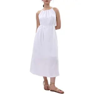 Amazhiyu Women's Linen Sleeveless Dress with Halter Neck Tie Back Pockets Casual Wear 100% Linen Minimalist Style