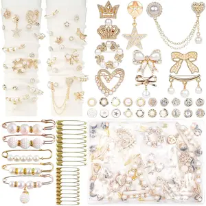 60 Pcs Junk Socks Charms Kit, Gold Brooches and Pins for Women, Pearl and Rhinestone Sock Charms with Safety Pins, DIY Accessories for Decorating and Personalizing Socks