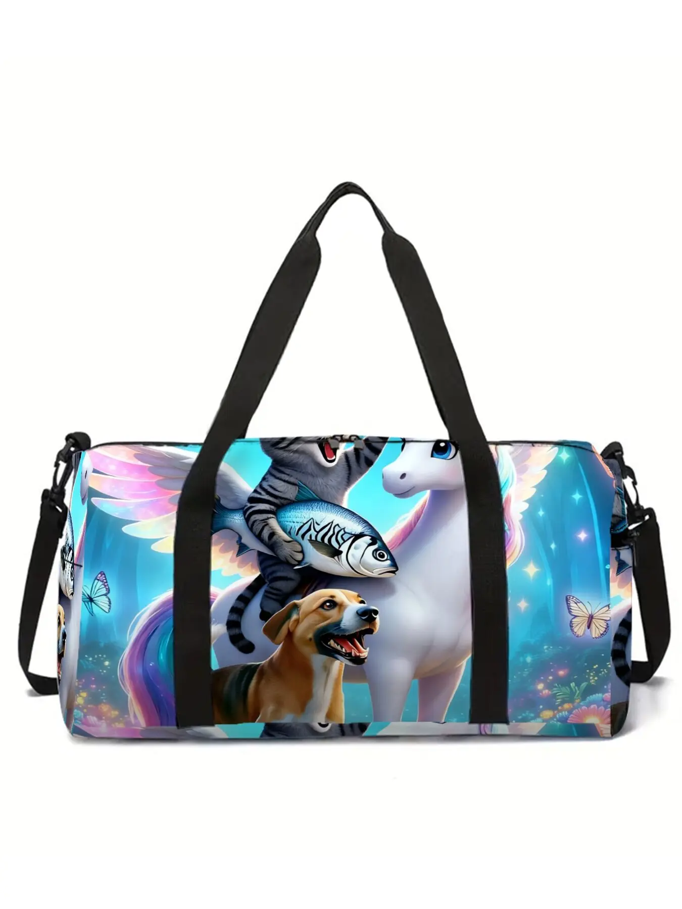 Large-capacity travel duffel bag with unicorn and pony print, portable handheld storage bag