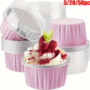 5/20/50pcs Mini Aluminum Foil Baking Cups with Lids, Reusable Cupcake Molds, Perfect for Bread Cake Desserts, Party Decorations, Baking Supplies