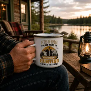 Fishing Solves Most Of My Problem Hunting Solves The Rest Quote Mug, Deer Stand Saying Cup, Outdoor Lover Gift, Fishing Hunting Camp Mug, Rustic Campfire Cup, Adventure Travel Mug, Gift for Hunter Fisherman, Nature Mountain Camping Drinkware