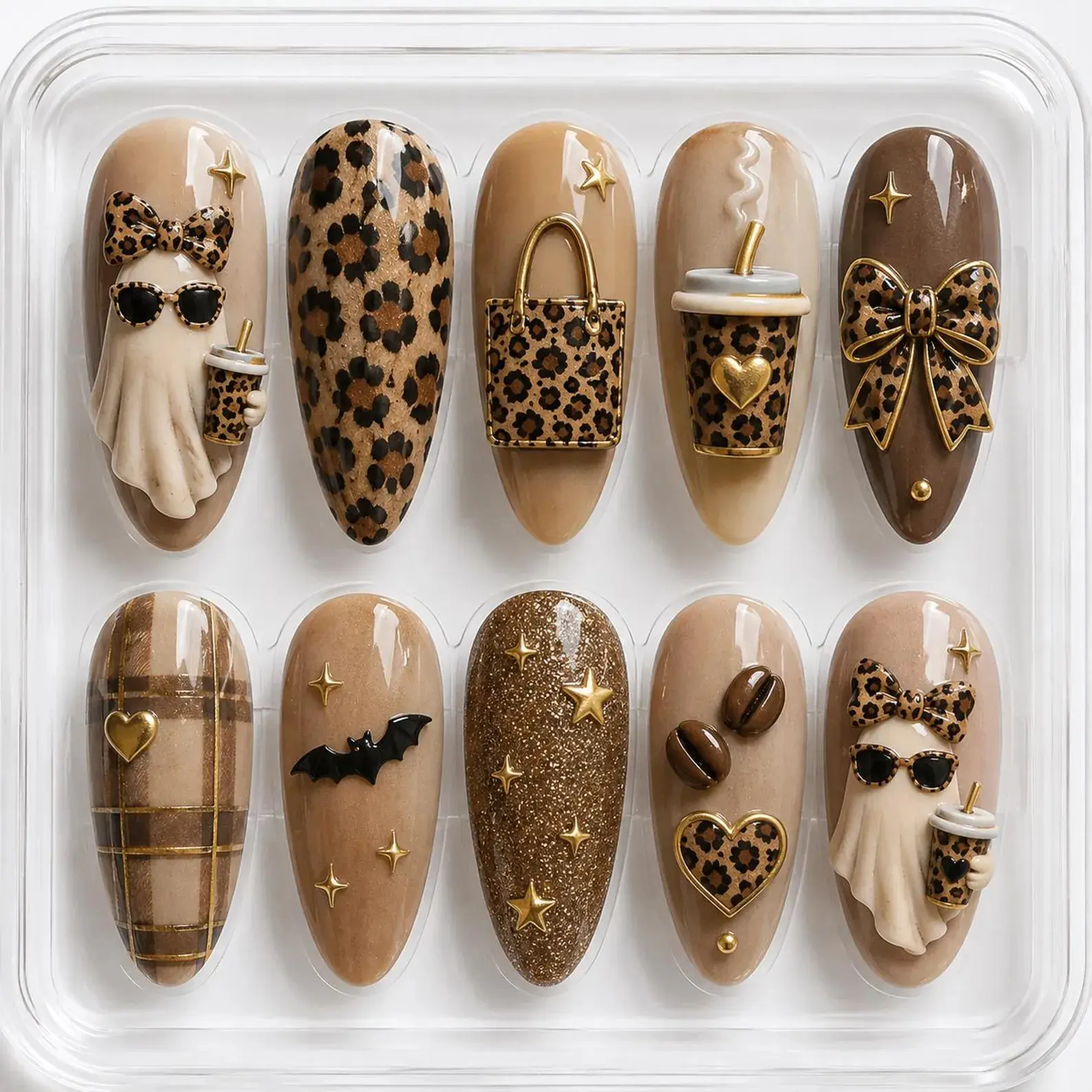 Press-On Nails, Leopard Ghost Design, 3D Ghost Accents, Leopard Bow Details, Coffee-Themed for Lovers, Gold Accent Fall Style, Girly Halloween Manicure