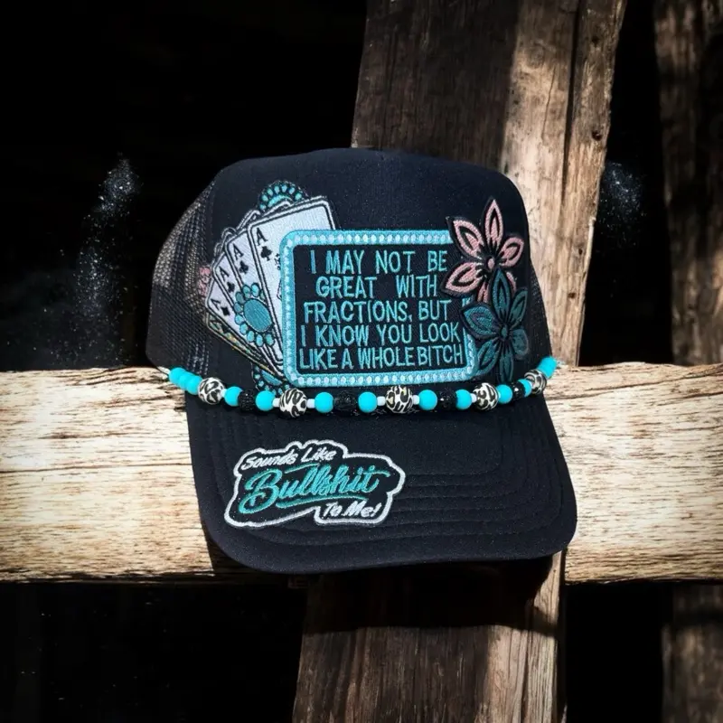 Sassy Western Style Trucker Hat with Floral and Playing Card Design and Turquoise Bead Detail