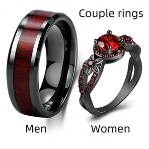 Charming Couple Rings, Romantic Red Flower Rings for Women, Stainless Steel Rings for Men, Wedding Engagement Jewelry Couple Gift, Set of 2