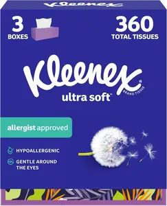 Kleenex Ultra Soft Facial Tissues, 3 Flat Boxes, 120 Tissues per Box, 3-Ply (360 Total), Packaging May Vary