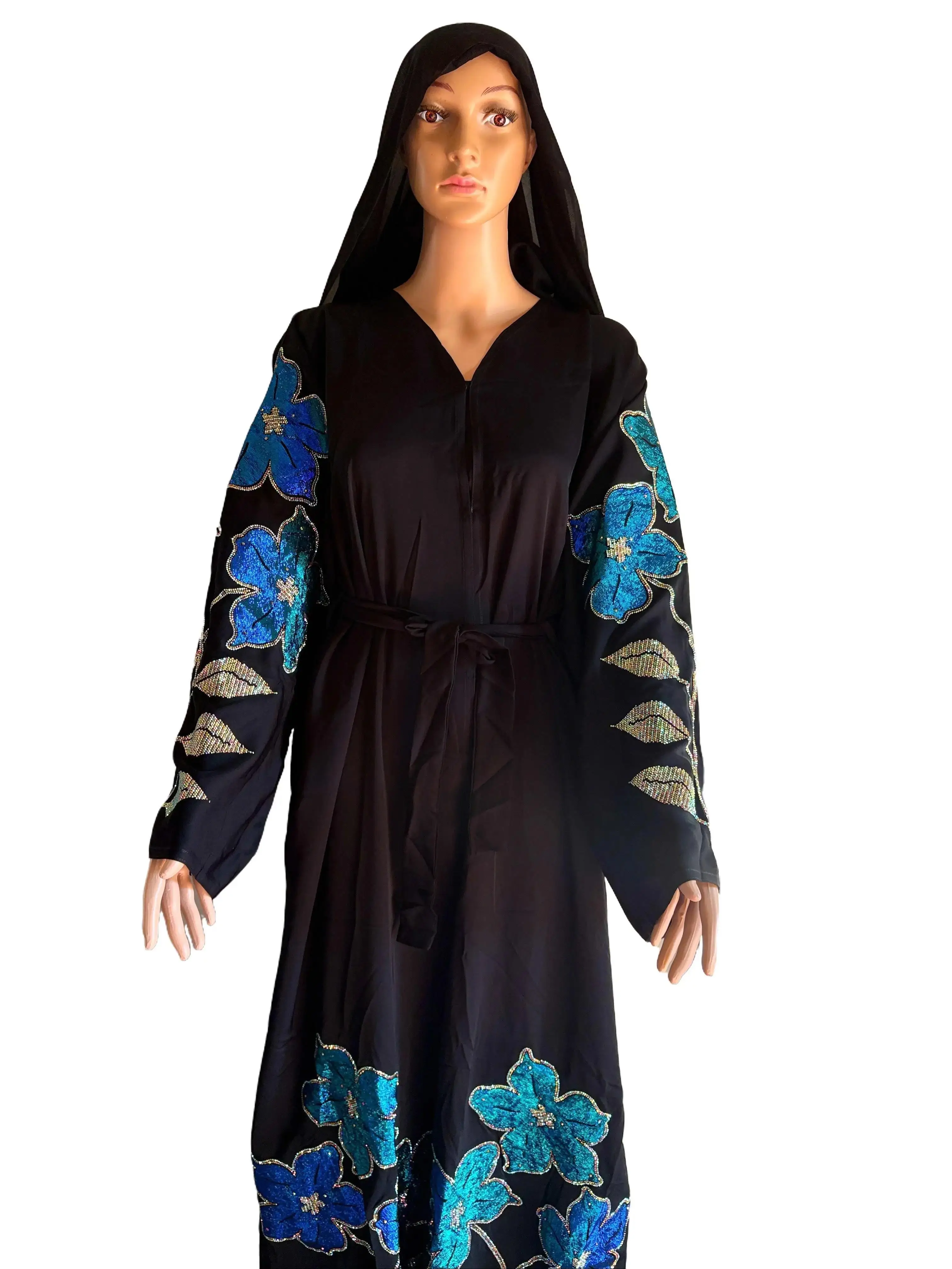 Abaya Blue Silver Flower Rhinestone Black Dress with Floral Embellishments and Rhinestone Accents