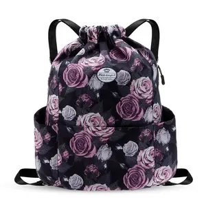 Drawstring Sports Backpack Lightweight Gym Yoga Sackpack Water Resistant Polyester Rucksack with Multiple Pockets for Women and Men