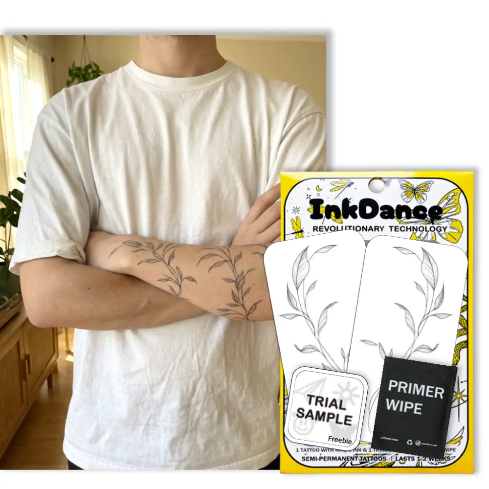 InkDance Semi-Permanent Tattoo Art Set - 2-Piece Fine Line Botanical Vine Design, Waterproof Plant-Based Ink, 1-2 Week Longevity, 24-Hour Color Development, Temporary Tattoo Style for Face, Colorful D015, Colorful Temporary Tattoos