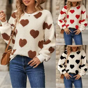 Women’s heart-shaped sweater, women’s heart-shaped printed pullover sweater, long-sleeved crewneck casual knit sweater, Valentine’s Day top GARMENTARY