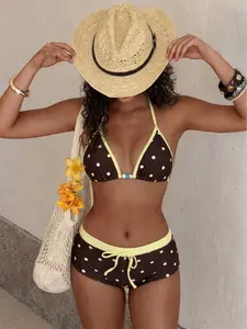 Blaze 2026 NEW 2PCS Women's High Waist Bowknot Printed Bikini Bottom，Retro Polka Dot Color-Block Two-Piece Swimsuit for Women, Halter Neck, Tummy-Covering, Slimming, Vacation Swimwear Set,Womenswear, Perfect for Pool Parties and Luxury Beach Vacations