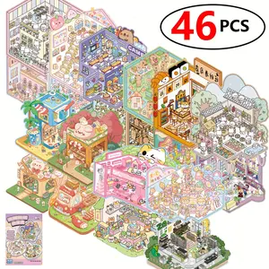 20 Scene Cards + 26 Stickers Miniature Scenery Collection Set DIY Mini House 3D Scene Stickers Creative DIY Relax Sticker Book Notebook Phone Case Decoration Stickers 46 PCS