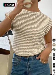 Women's Round Neck Short Sleeve Summer Casual Knit T-Shirt, Slim-Fit Design, Moderate Fabric Thickness, Perfect for Everyday Wear, Tee, Top, Womenswear