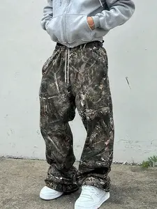 Unisex Camo Adjustable Drawstring Waist Straight Leg Pants, Loose Fit Outdoor Hunting Style, Spring Summer Streetwear, Casual Long Trousers