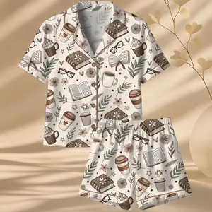Women’s Beige Coffee And Books Reading Lover Girly Bookish Print Short Sleeve & Long Sleeve Latin Pajama Set