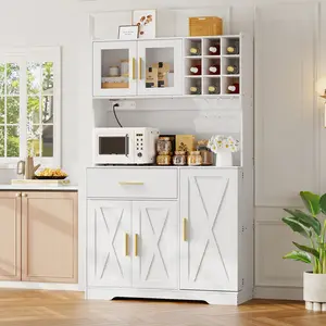 HOOBRO Pantry Cabinet with LED Lights and Charging Station, Kitchen Pantry Cabinet, 71" Tall Farmhouse Pantry with Microwave Shelf, Door Shelves, Wine Rack and Glass Holder, White