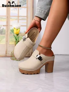 New Arrival Summer Women's Super High Heel Mules, Thick Soled Mules, Toe-closed Platform Shoes, Chunky Heel Comfort Slip-on Footwear, Buckle Decor Fashion High Heel Sandals, Sexy Solid Color Plus Size Lightweight Women's Shoes