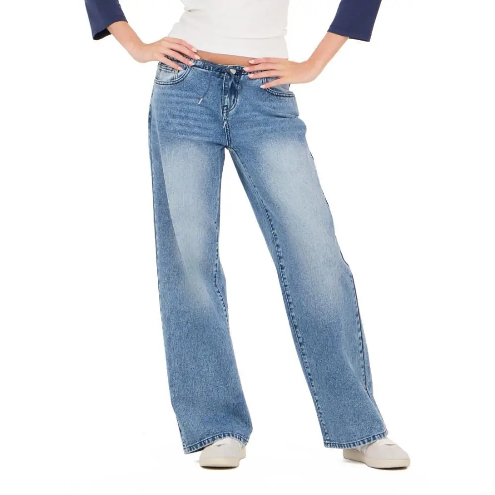 Forever 21 Women's Light Wash Straight Leg Denim Pants, Full Length Casual Wear with Pockets and Adjustable Toggle Waist, Bottom, Denim Fabric, Bottoms, Pocketed, Basic, Multi-Size, Minimalist