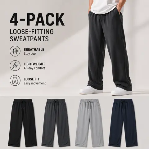 4-Pack Men's Loose Fitting Casual Pants for Fall Relaxed Fit Oversize Clothing Comfortable Drawstring Lounge Pants with Pockets  Workout Stylish Black And Deep Gray, Light Gray & Navy Blue #Sohochic